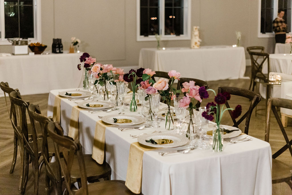 Romantic Wedding Reception in Raleigh, NC with Color Blocked Centerpieces